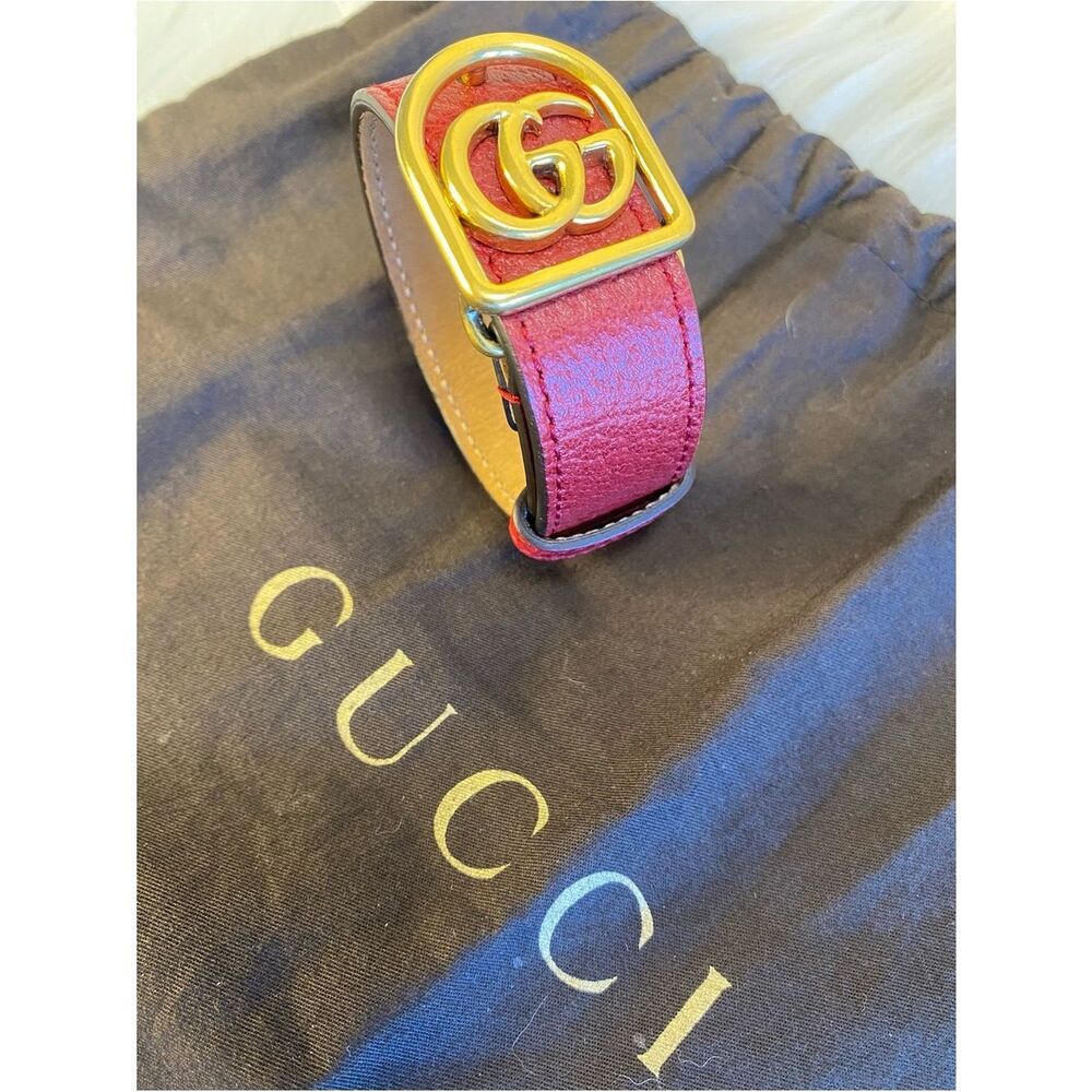 Gucci Marmont Red Leather Cuff Bracelet with Double G Buckle. Authentic.